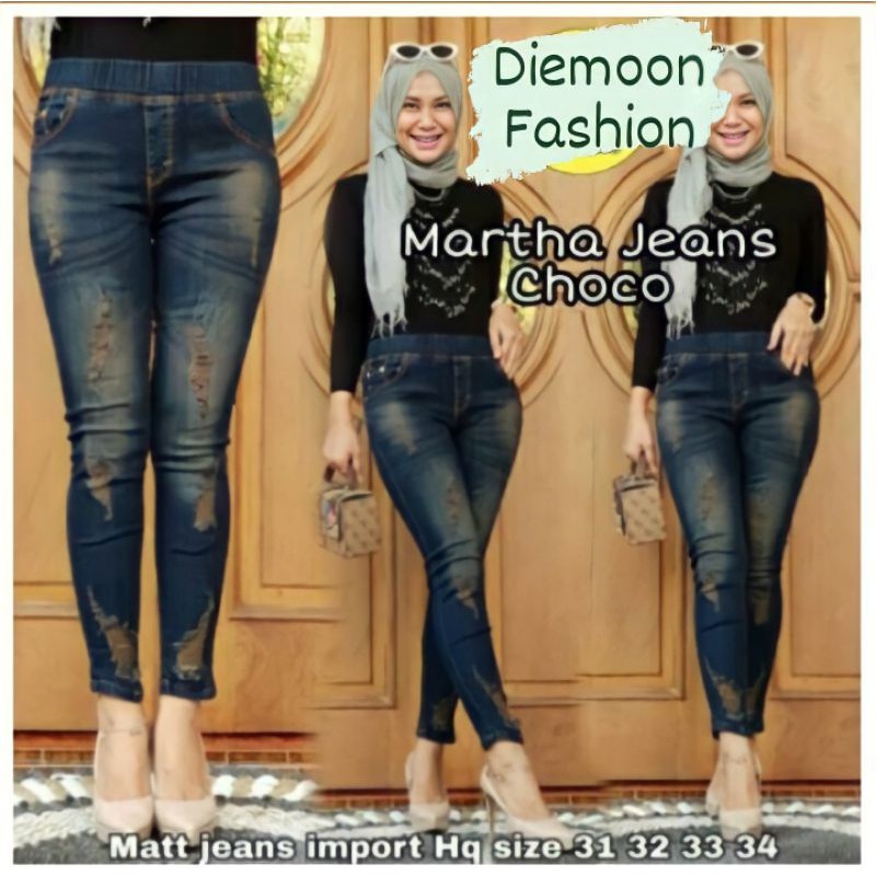 Martha jeans melar pinggang full karet. ripped jeans [Rsl]