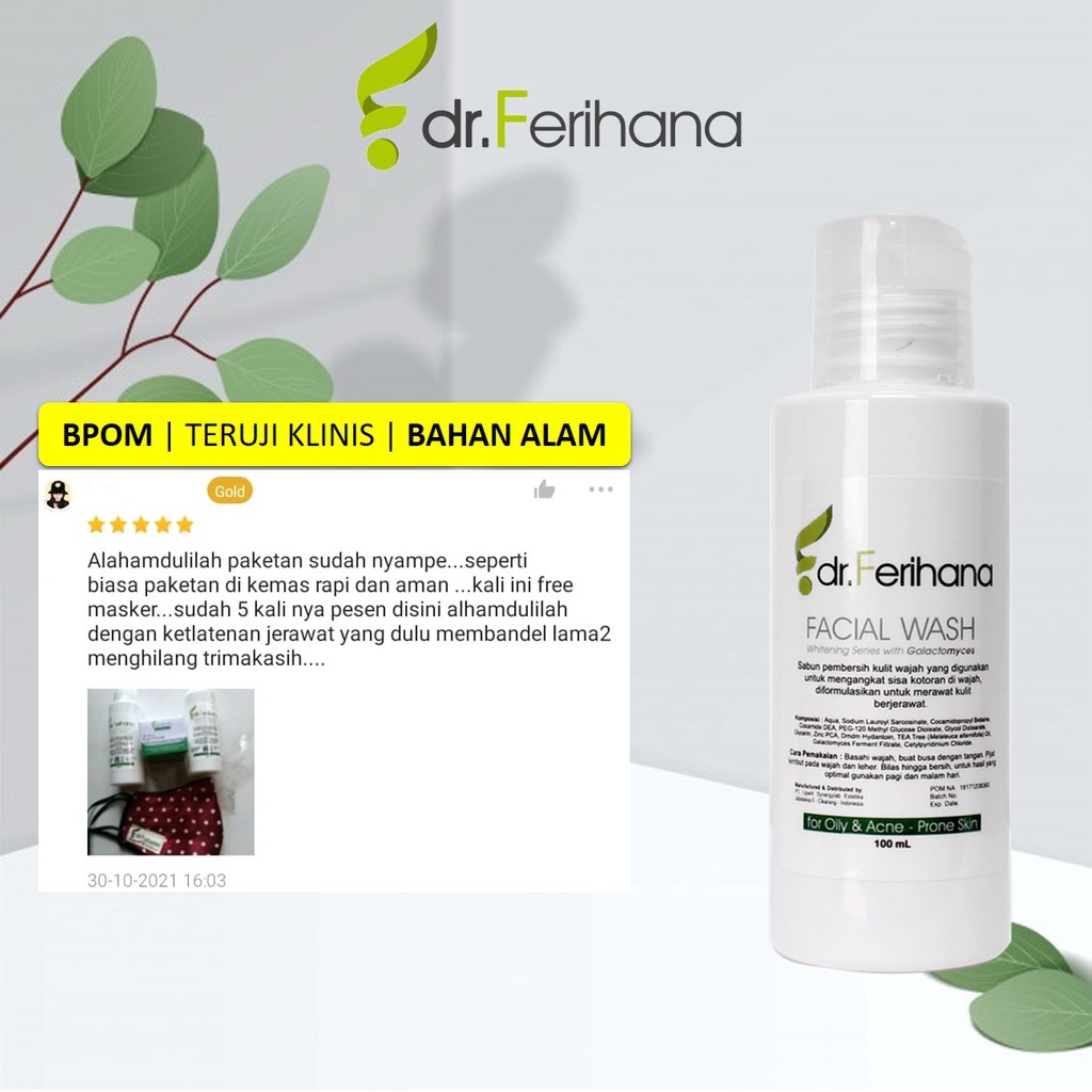 Pembersih Kulit Wajah Berminyak Berjerawat Galactomyces Facial Wash with Olive for Oily &amp; Acne Skin dr. Ferihana Cosmetics &amp; Skincare Mampu Membersihkan Kotoran Aman Untuk Kulit Sensitif Dan Mengontrol Minyak Dan Jerawat BPOM LPPOM HALAL MUI