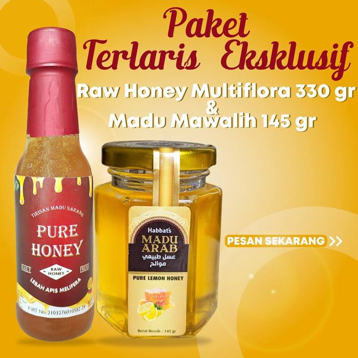 

Madu Sarang Tirisan Paket Terlaris Eksklusif Raw Honey 330 gr & Madu Mawalih 145 g Total 475 Gram
