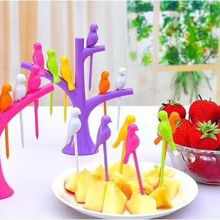 Set Isi 6 Garpu Buah Kue Food Pick Garpu Kecil Mini Buah Motif Burung + Gantungan Garpu Bentuk Pohon