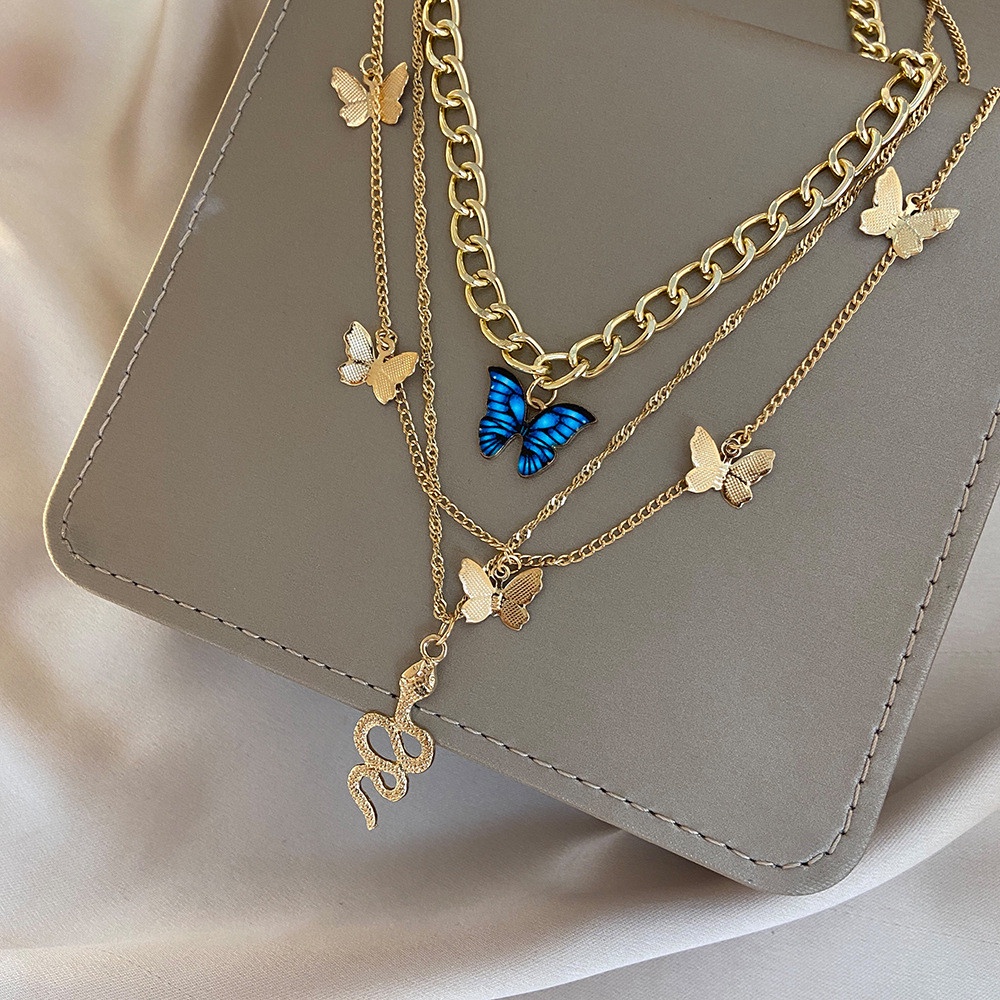 【COD Tangding】3 Pcs / set Kalung Multilayer Panjang Bentuk Ular Butterfly Warna Biru Emas Gaya Retro Eropa Amerika