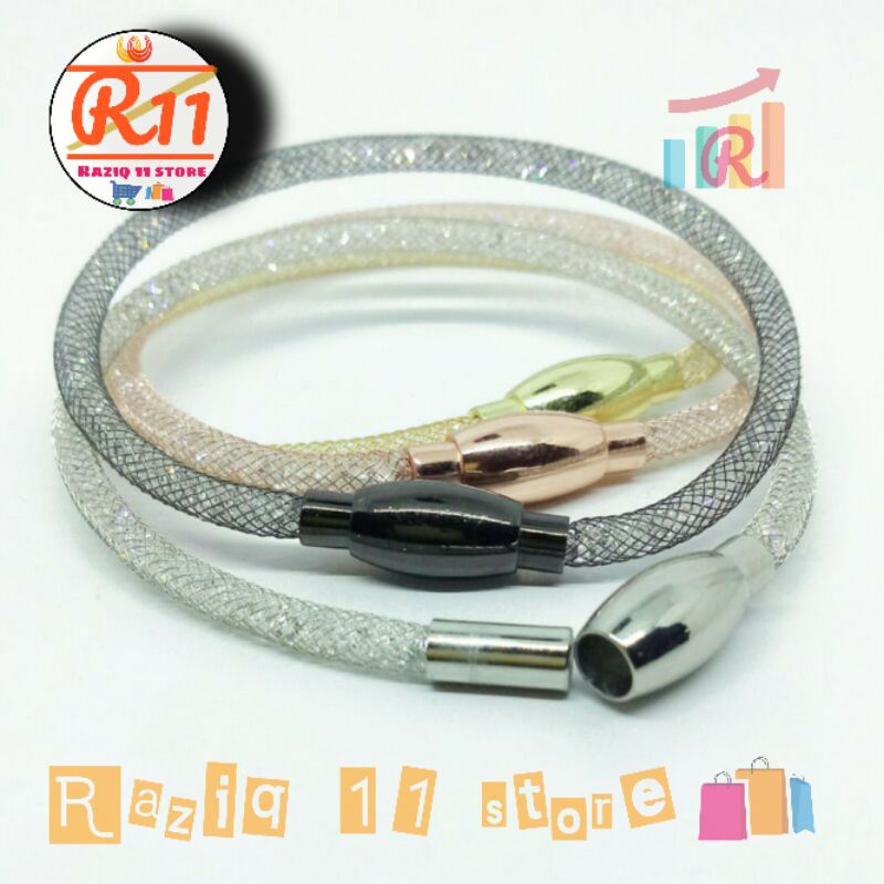 Gelang Tali Kawat Gliter Kristal Pandora Pengait Magnet Oval