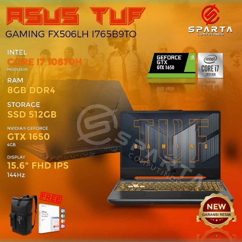 LAPTOP GAMING ASUS TUF FX506LH I765B9TO i7 10870H 8GB 512SSD GTX1650 W10+OHS 15.6FHD 144HZ