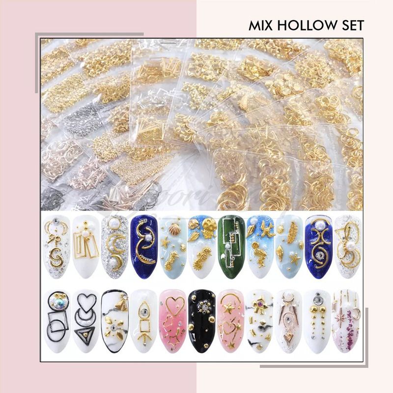 Mix Hollow pack 6 model nail art rivet metal hollow japanese nails moon star circle rectangle gold