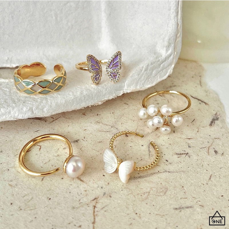 COD❤️Cincin Kupu-kupu Wanita Terbuka Pearl Butterfly Desain Niche Cincin Unik Mutiara kelas atas Fashion Korea