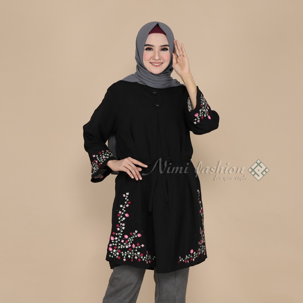 Baju Atasan Tunik Putih  Bordir Premium / Tunik Putih Panjang Big Size Nimi Fashion