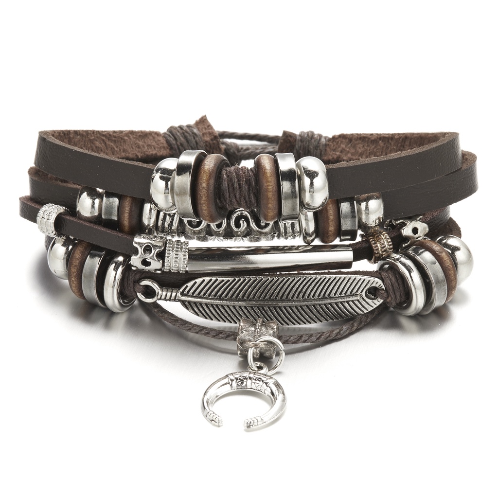 Men's Multilayer Braided Bracelet Feather Dot Cross Wrap Bracelet Leather Combination Bracelet Set