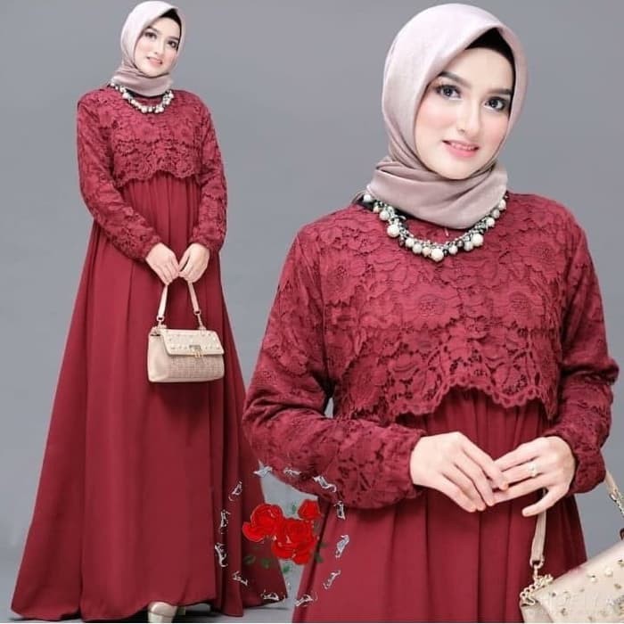 GAMIS PESTA BRUKAT TERBARU BAJU GAMIS WANITA LEBARAN 2019 MAROON DedeShop