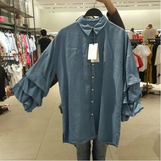 Terbaru    New Arrival Baju Kemeja Denim ZARA Ruffle Sleeve Original Outlet ZARA   Diskon