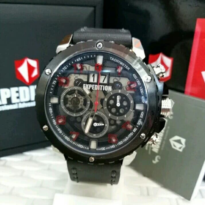 JAM TANGAN PRIA EXPEDITION E 6669 SILVER BLACK LEATHER BLACK ORIGINAL GARANSI RESMI 1 TAHUN