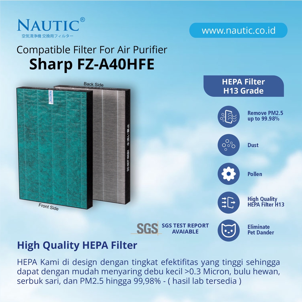 NAUTIC - Hepa filter and DEO for sharp FZ-A40HFE untuk KC-A40Y/E/TA KC-840E KC-940E KC-C70E