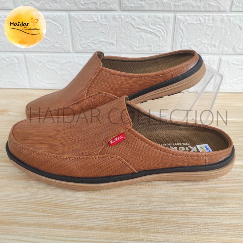 39-44 Selop Bustong Pria Coklat Slip On Import Kasual Sol Karet Lentur Kulit Cowok Slop Kantoran