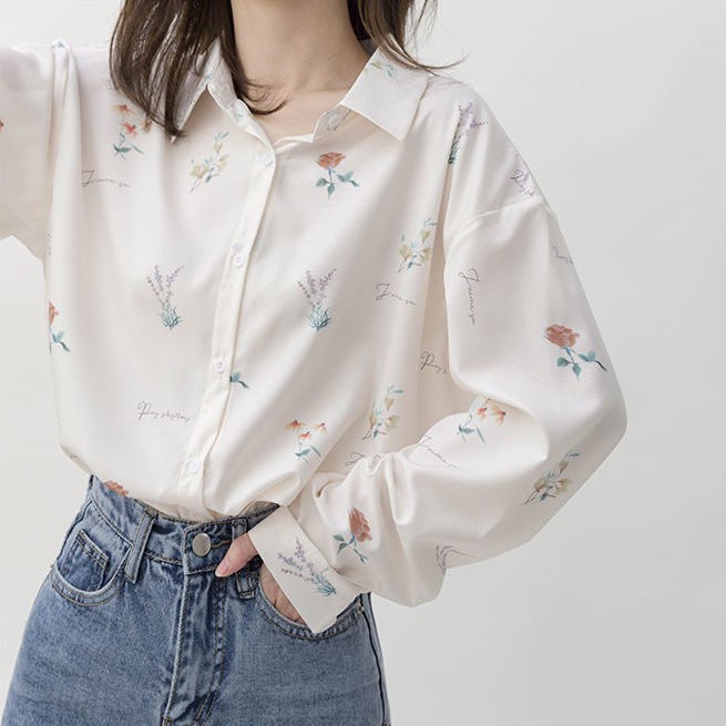 【impor】 Atasan kemeja wanita sifon lengan panjang putih POLO motif bunga formal-2