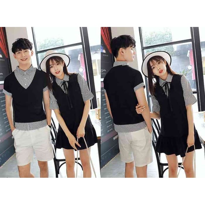 Baju Couple Murah [Couple Kemeja Leher V Hitam LO] kemeja couple babyterry hitam