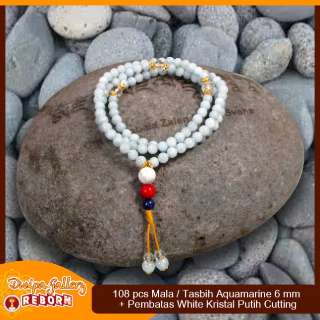 Tasbih / Mala Buddha 108 Batu Aquamarine 6 mm White Kristal Putih Cutt