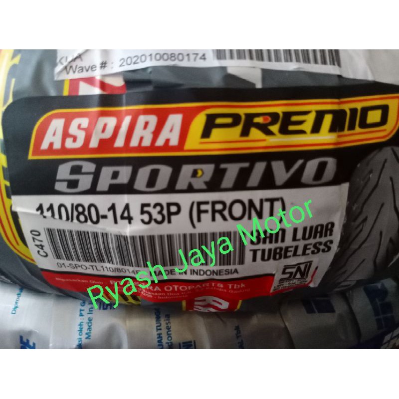 Ban tubeless Depan/ Belakang 110/80-14 Aspira Premio for PCX lokal/Thailand/lexi/Aerox/Vario 125/150