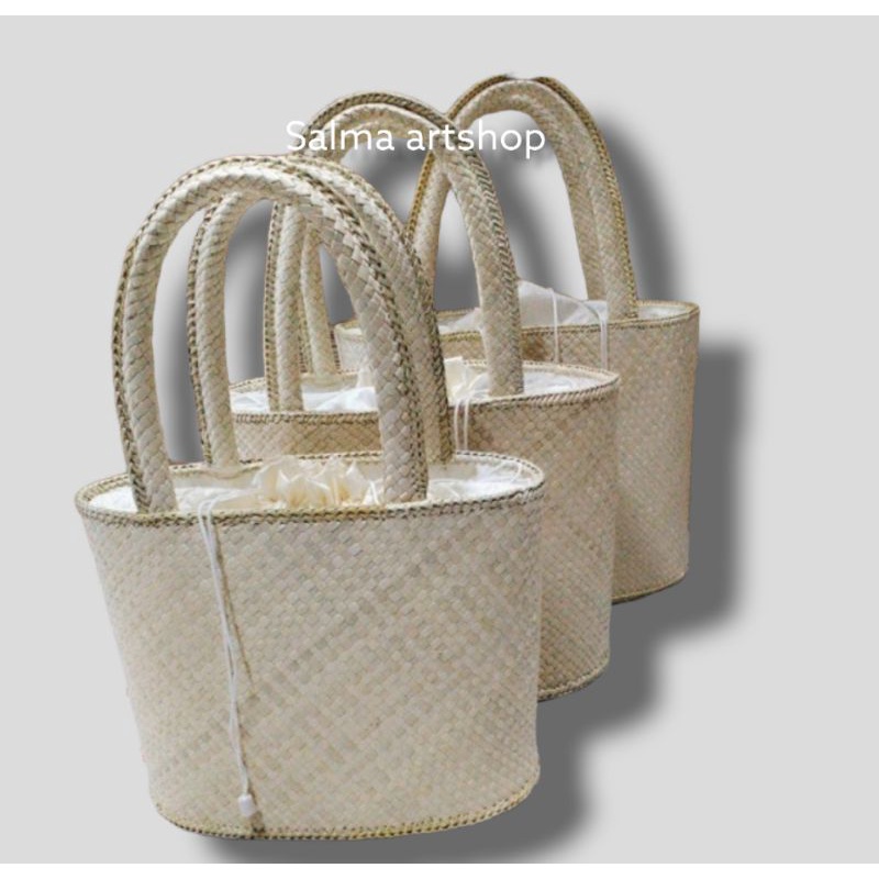 Tas anyaman pandan set 3/tas piknik pandan oval Tali Serut set 3/tas mukena anyaman pandan polos