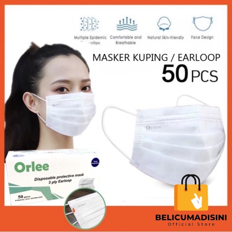 Masker 3 ply 3Ply Earloop ORLEE / Surgical Disposable Mask / Kemenkes Putih Biru Pink Hitam Abu Medi