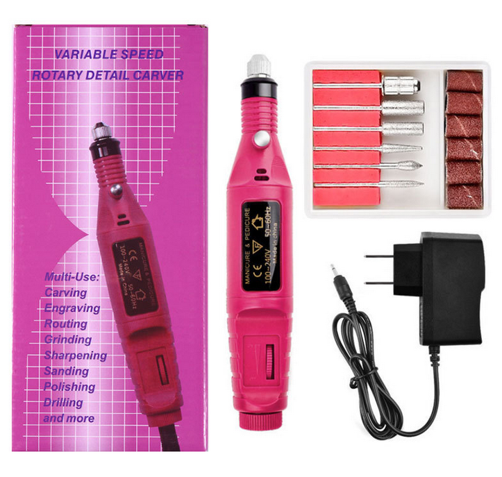 Bor Mini / Alat Ukir Grafir / Gerinda Listrik Mini / Pen Ukir / Pedicure Manicure Machine Set-Rose Red - charger