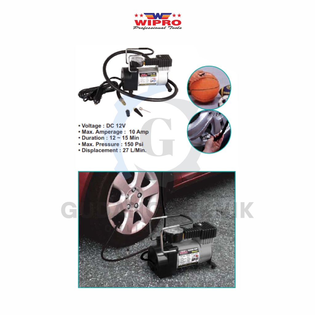 Kompresor Angin Mini DC-12V WIPRO WP-8501 / Mini Air Compressor 10 Ampere WIPRO WP8501 - Pompa Angin Ban WP 8501 WIPRO