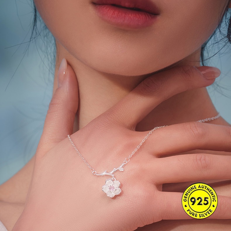 Kalung Rantai Sterling Silver 925 Dengan Liontin Bunga Sakura Untuk Wanita