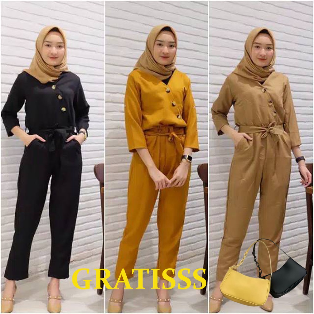 GRATIS TAS CANTIK Halla Jumsuit Baju Set Wanita Muslimah Ukuran M To L Trendy Casual Terbaru Murah