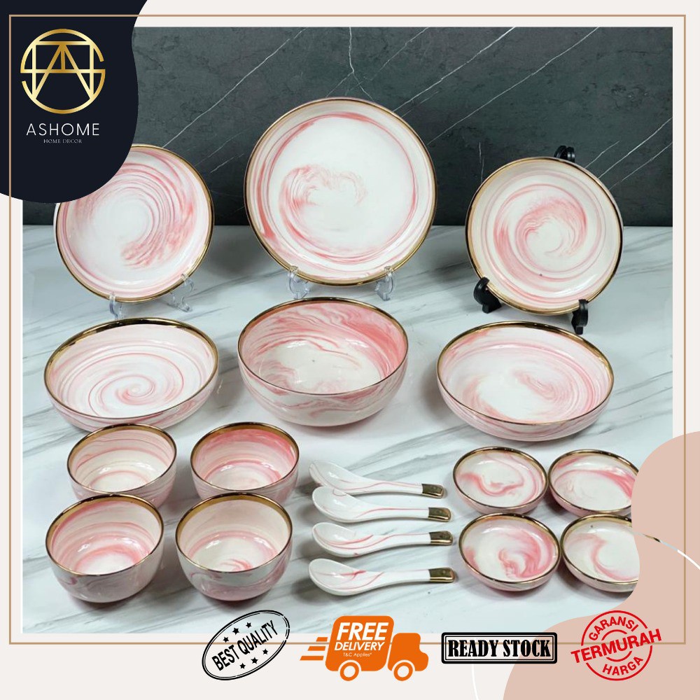 ASHOME Piring Set 4 Orang Piring Makan Set Keramik Pink Marble Isi 18 Pcs / Piring Set Keramik List 