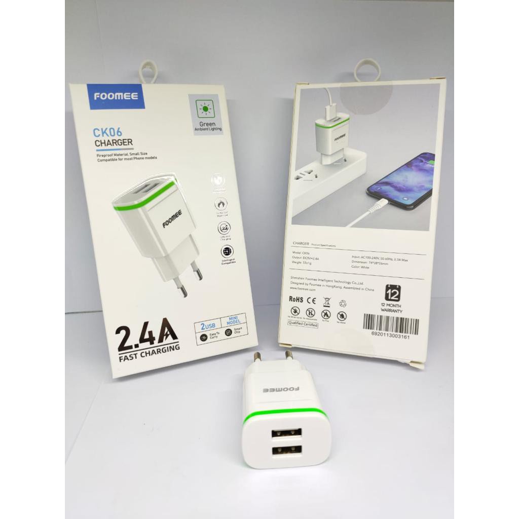 jual Adaptor Charger fast Charging 2.4A FOOMEE CK06 Charger Dual Port USB