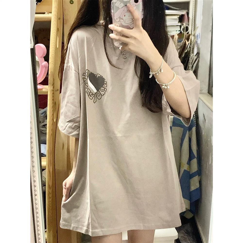 Suhao 100% katun Amerika retro lengan pendek T-shirt wanita versi Korea ins gaya Harajuku longgar mid-length pasang merek setengah lengan atas