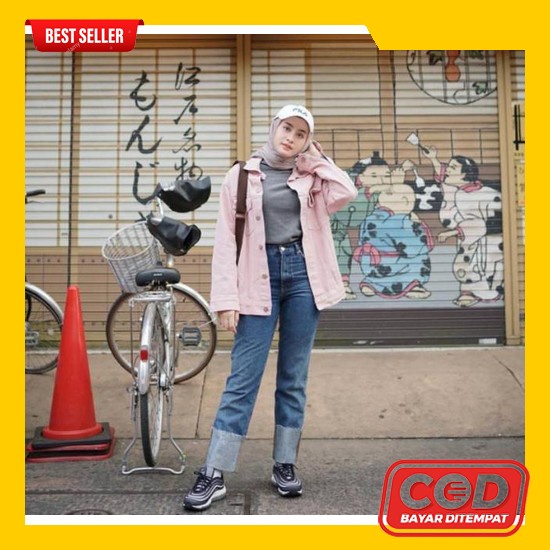 Jaket Denim Wanita/Jaket Jeans Bomber List Hitam Putih/Jaket Bomber Te Fwr - Pink Oversize Jaket /