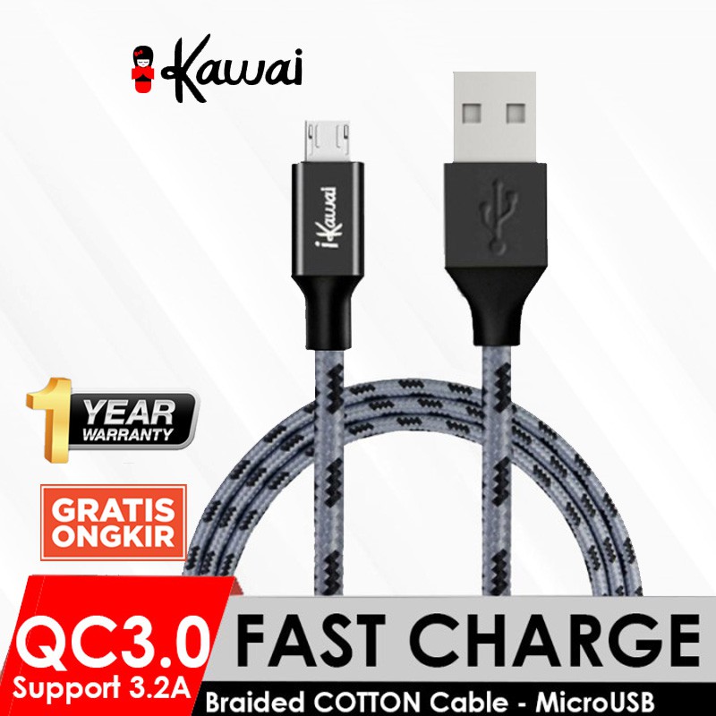 iKawai Braided Cotton Kabel Data MicroUSB Type C Iphone Lightning QC3.0 Fast Charging 3.2A IKKCC200