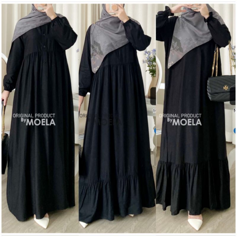 Gamis Hitam Polos Dress Muslim Black Jumbo Ld 110 120cm 130cm Katun rayon Adem Model Susun Rempel Bu