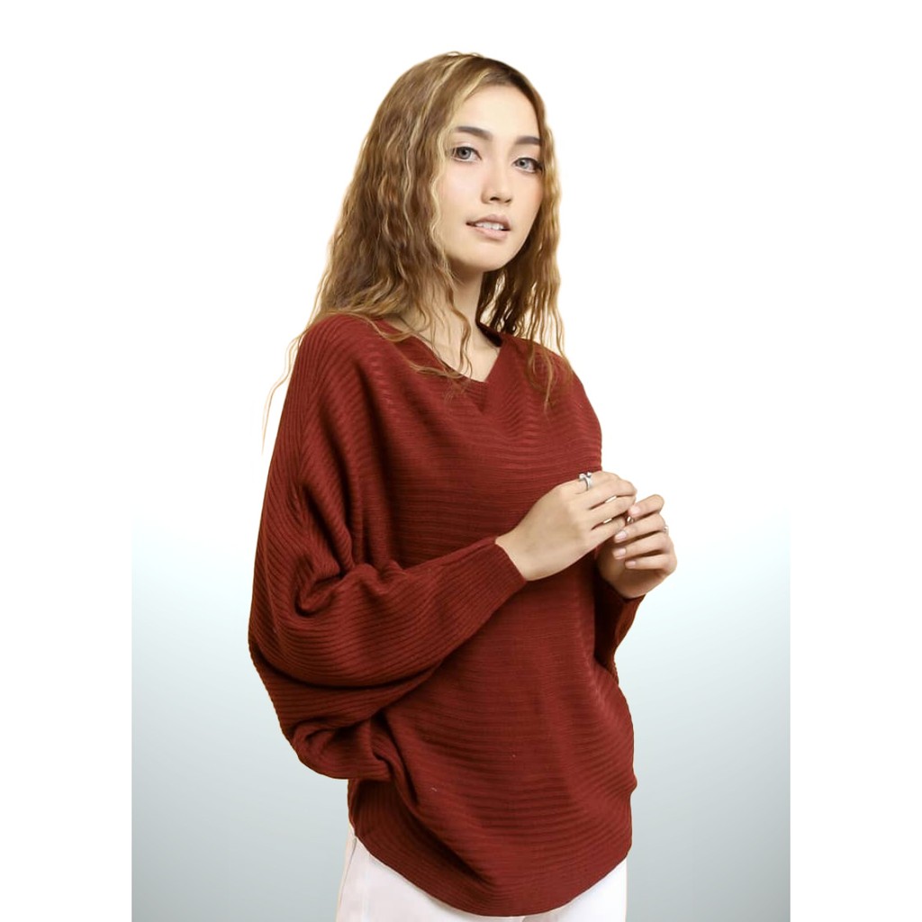 Atasan Rajut Jumbo Wanita Outerwear Blouse Batwing Oversize Lasperal Knit Prily Batwing Kalong Monochrome-MAroon