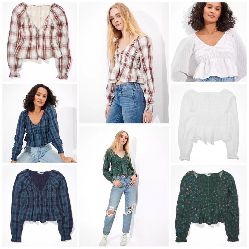 Ready Smocked Blouse V neck Sabrina Off Shoulder Flower Bunga Square Kotak - Kotak Atasan Wanita Cew