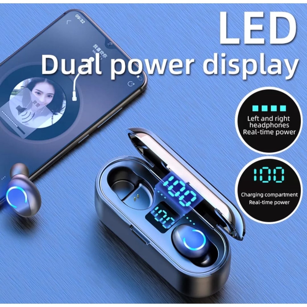 Headset Bluetooth LED Digital F9 TWS 5.0 Wireless Earbuds/F9 TWS Earbud Wireless Earphone Bluetooth Earphone 5.0 Headset Gaming Tahan Air Touch Control Layar Digital LED dengan Mikrofon 3500MAh Charger Kotak
