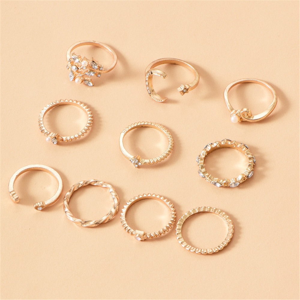 10 pcs Bohemian Fashion Star Moon Love Pearl Leaf 10 Buah Cincin untuk Wanita