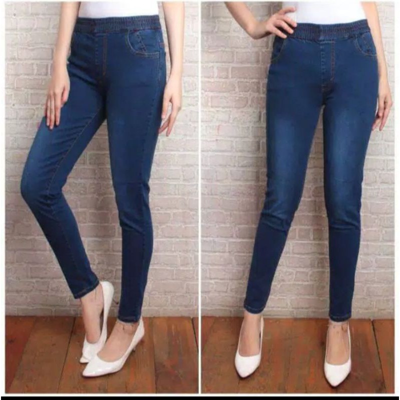 Leging Jeans  Celana Jumbo Wanita Pinggang Karet