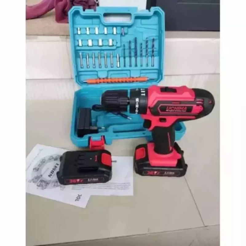 Mesin bor baterai cordless uchiha 36vf 10mm impact drill beton kayu besi sekrup baut obeng dll