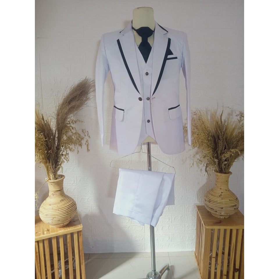 JAS PENGANTIN PRIA MODEL RESMI PUTIH BERSIH LIS HITAM
