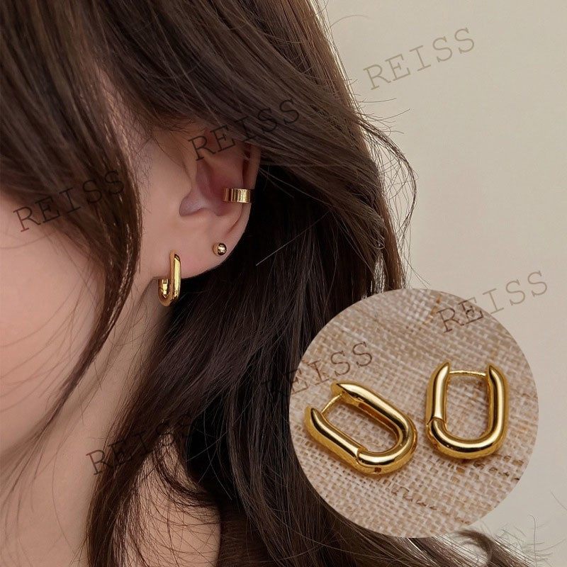 Anting-Anting Hoop Persegi Sederhana Retro berlapis emas Anting-Anting Pejantan Logam Dasar Kecil