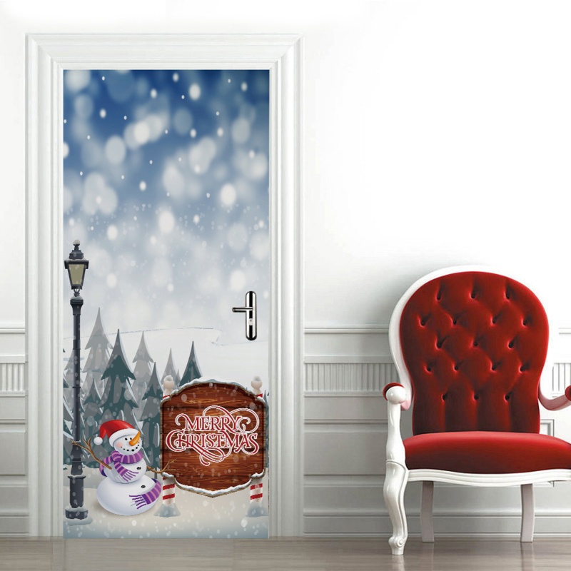 Zzz 2pcs / set Stiker Dinding / Pintu / Kulkas Anti Air Motif Snowman / Pohon Natal