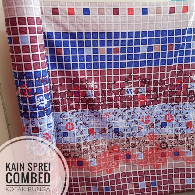 KAIN SPREI COMBED MOTIF KOTAK BUNGA