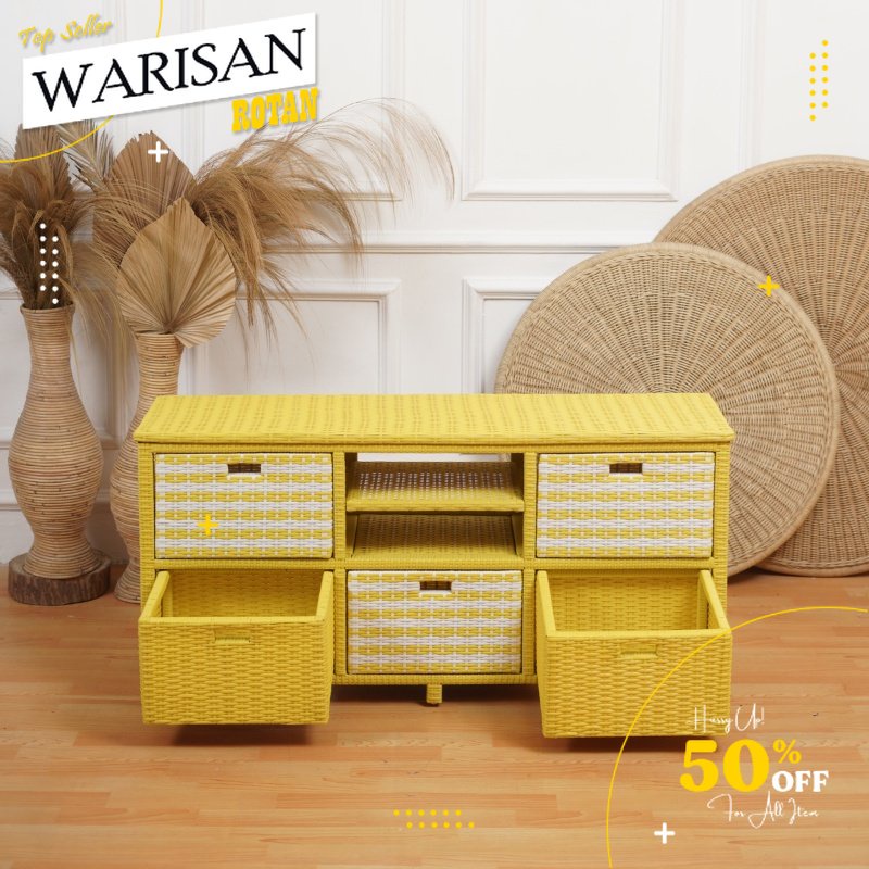 Rak TV Laci Serbaguna Rotan Sintetis Isi 6 Laci Ukuran Minimalis / Lemari Rotan Sintetis Serbaguna /