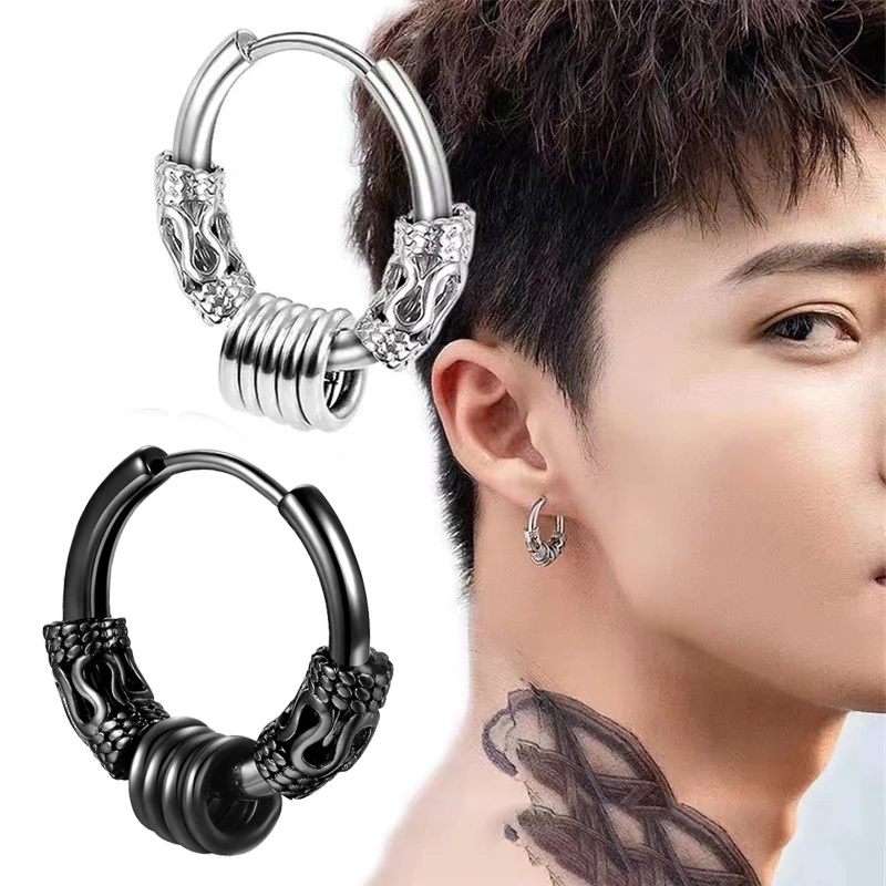 Anting Stud Liontin Bulat Bahan Stainless Steel Lapis Perak Gaya Punk Hip-Hop Untuk Pria