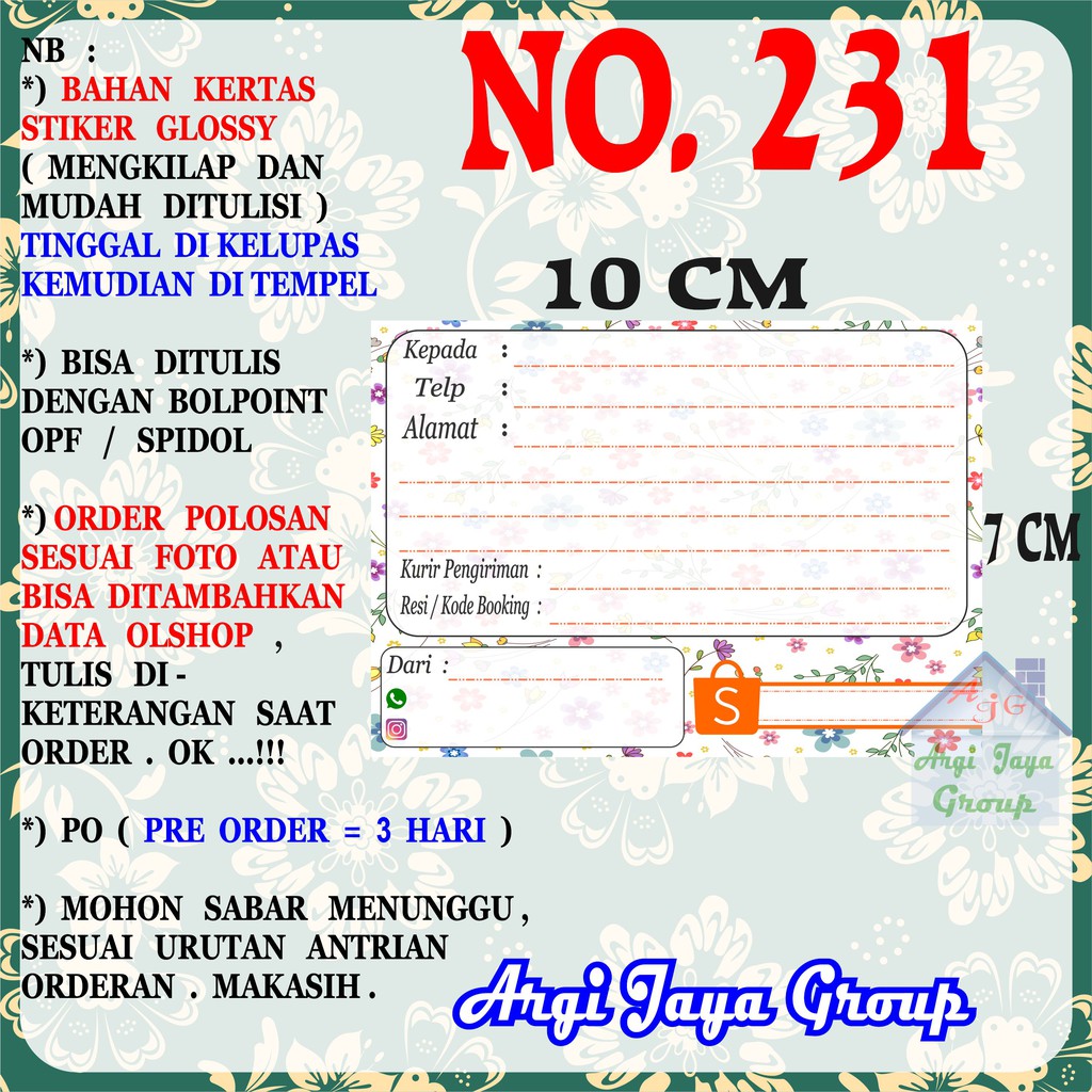 

Stiker Pengiriman - Sticker Alamat Olshop Murah Nomer 231 - 10x7 cm - Glossy