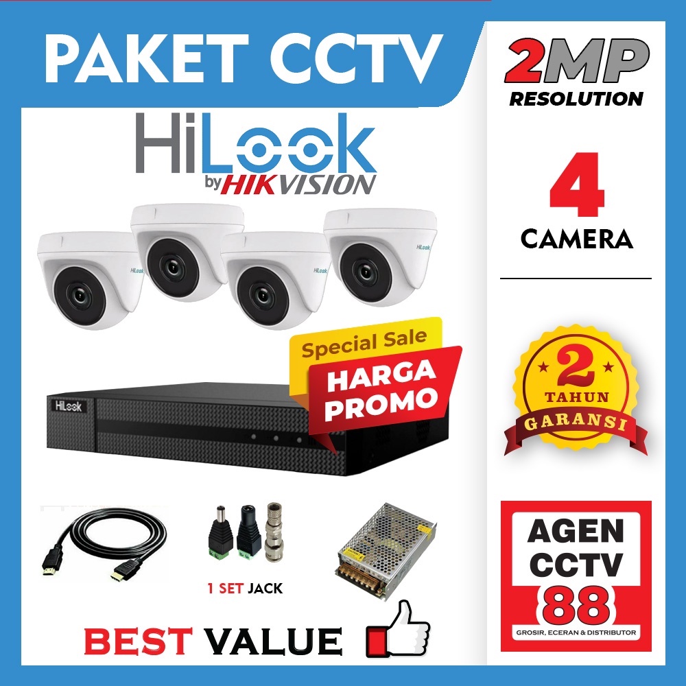 Paket 4 Kamera CCTV HILOOK 2MP +DVR 4CH +KBL-HDMI+KBL-LAN+Free Tas Batik