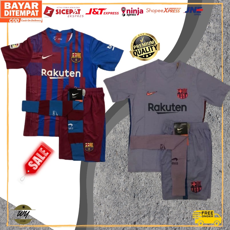 Setelan Baju jersey Olahraga Bola Futsal Barcelona Barca Home Away Fullset Lengan Pendek Pria Dewasa
