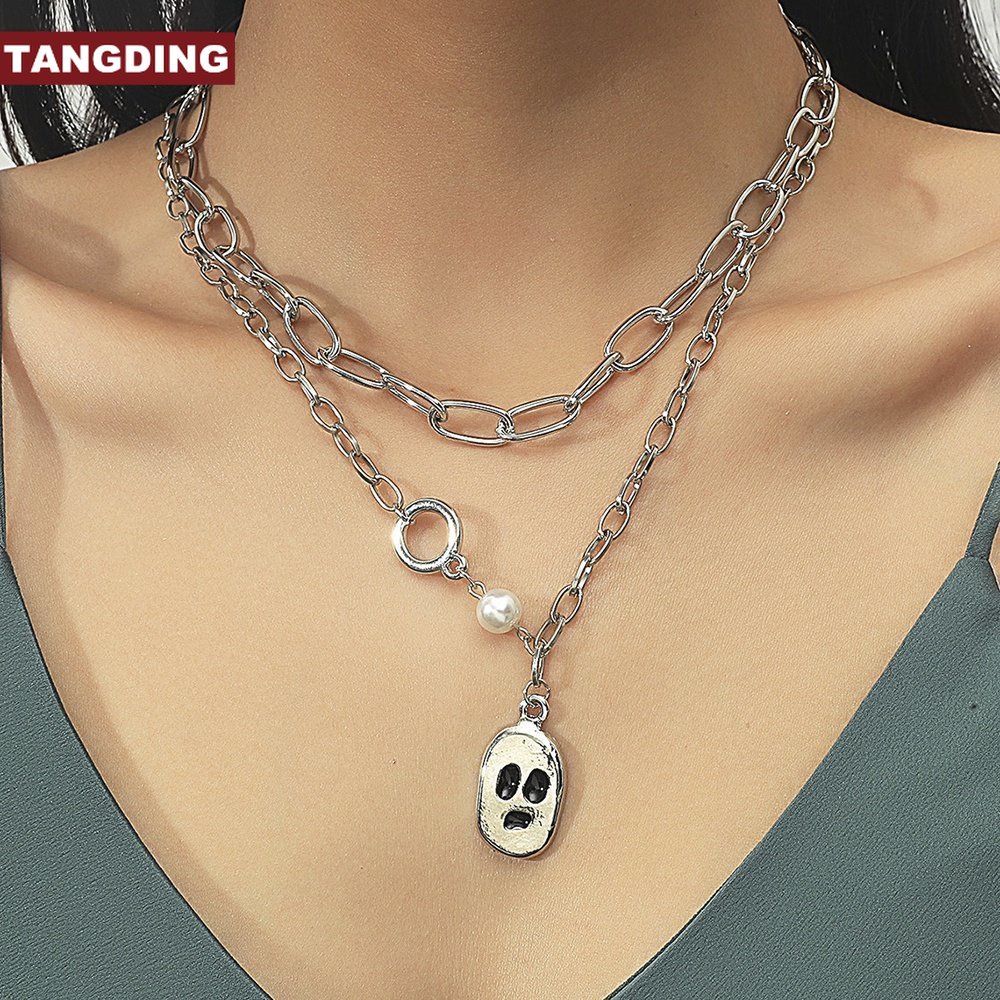 【COD Tangding】Kalung Rantai Klavikula Ganda Liontin Grimace Gaya Retro Untuk Aksesoris Halloween Wanita