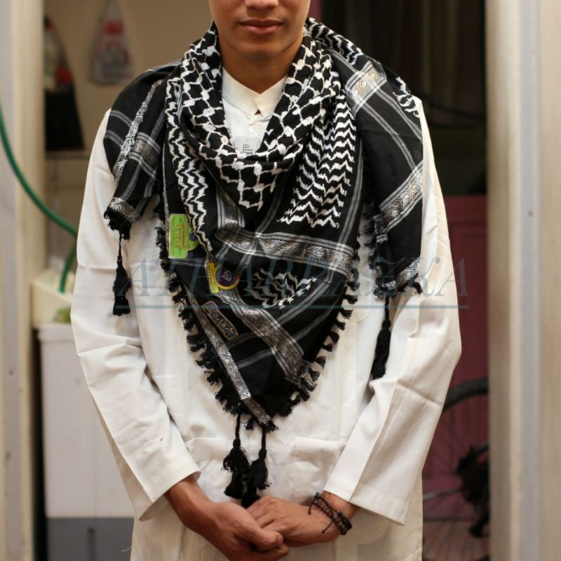Sorban Arafat Hitam Putih motif Rumbai - Sorban Segi 4