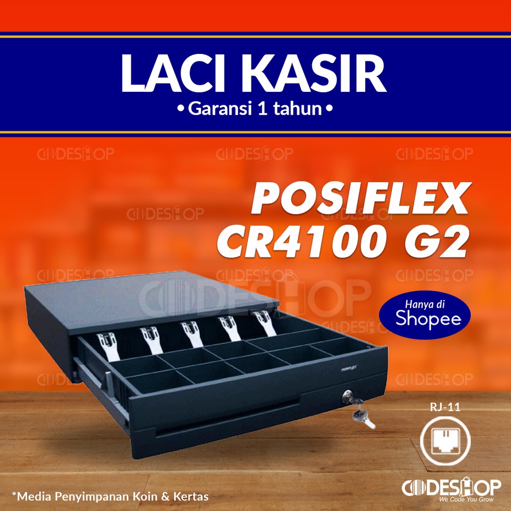 Cashdrawer Posiflex CR4100g2 Laci Uang Kasir Bahan Besi 5 Slot Uang Kertas 8 Slot Uang Koin RJ-11